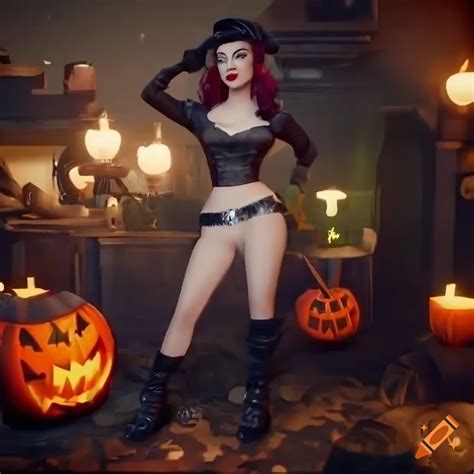 Detailed Vintage Halloween Pinup Art With Spooky Atmosphere