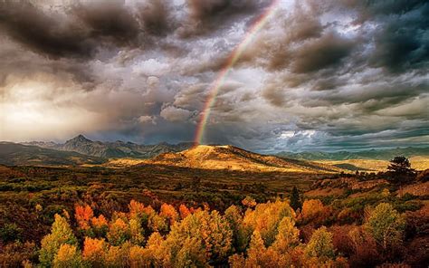 Hd Wallpaper Nature Landscape Rainbows Mountain Fall Clouds Trees