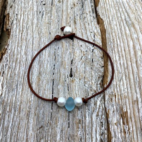 Seaside Pearls Brenna Sea Glass Freshwater Pearls And Leather Anklet