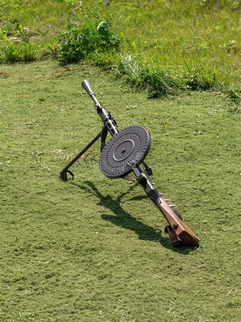 The Degtyarev Light Disc Machine Gun Lying On The Grass In A Shooting