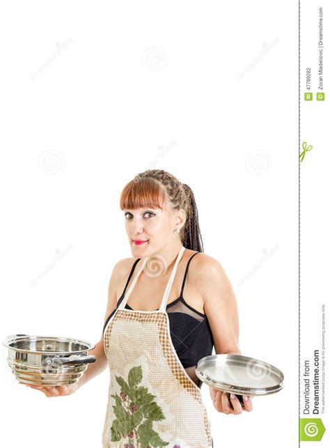 Lovely Housewife In Apron Trying To Cook Stock Photo Image Of Female