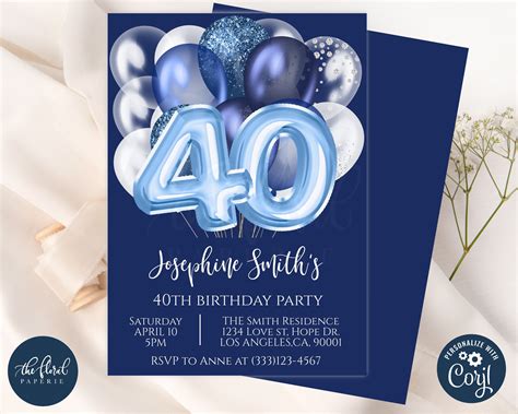 40th Birthday Invitation Template Editable Blue And White Etsy