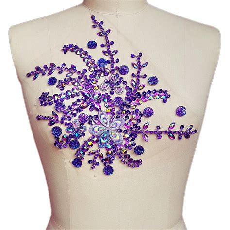 New Hand Beade Purple Sequin Crystal Sewing Rhinestones Applique Patches Trim Sew On For Bridal