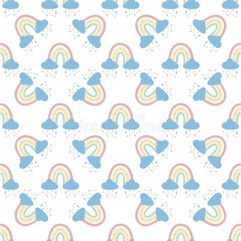 Rainbow With Clouds And Raindrops Seamless Pattern Stock Vector