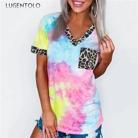Women T Shirt Summer Tie Dye Splice V Neck Leopard Print Top Short