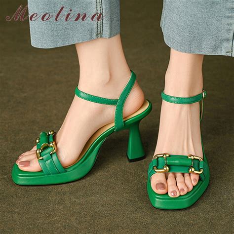 Meotina Women Genuine Leather Sandals Square Toe Thick High Heel Buckle Metal Decoration Ladies