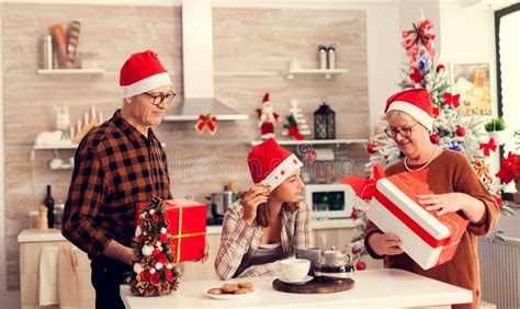Senior Man And Woman Celebrating Christmas With Grandchild Stock Image