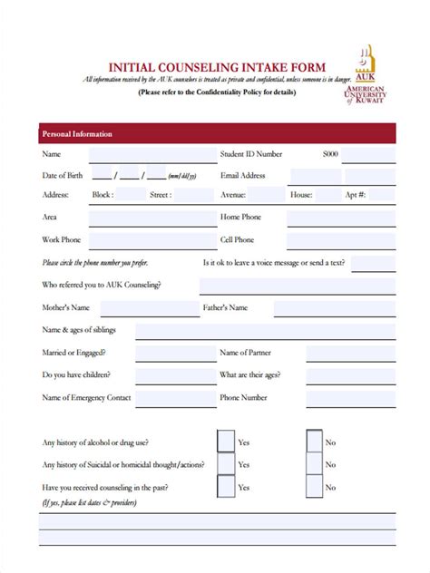 Free Counseling Intake Form Template
