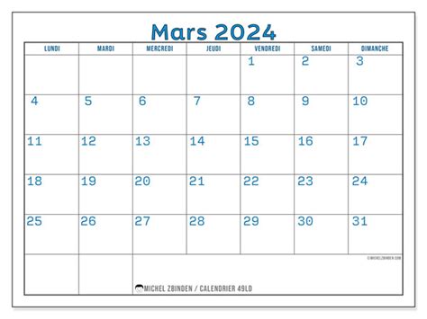 Calendrier Mars 2024 49ld Michel Zbinden Lu