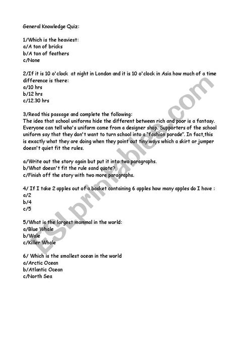 Teaching and learning general knowledge is always fun. English worksheets: General Knowledge Quiz