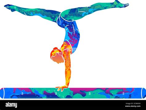 abstract female athlete doing a complicated exciting trick on gymnastics balance beam stock