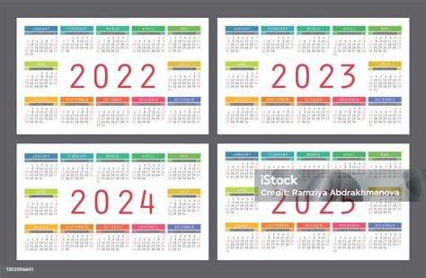 Calendario 2022 2023 2024 E 2025 Anni Set Vettoriale Colorato Inglese