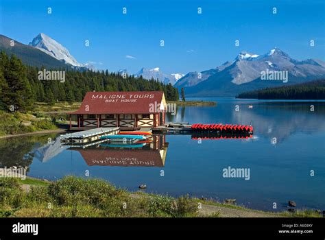 Boat House At Maligne Lake Jasper National Park Alberta Canada Stock