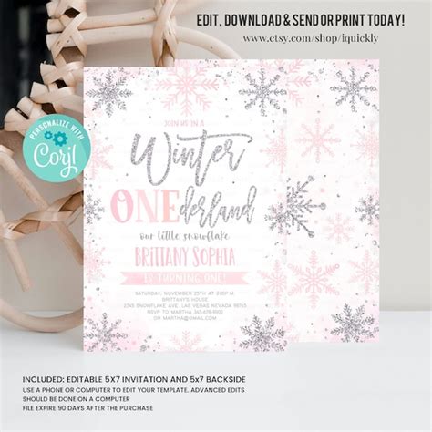 Editable Winter Onederland Invitation Girl Snowflake First Birthday