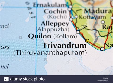 Located near the southern tip of mainland india, thiruvananthapuram (malayalam: Close up of atlas map of Kerala and Trivandrum in India Stock Photo, Royalty Free Image ...