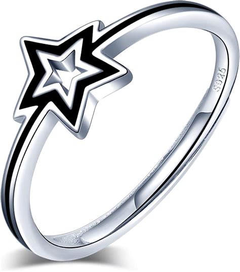 925 Sterling Silver Adjustable Black Star Ring For Women And Girls