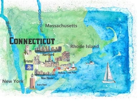 Usa Connecticut State Illustrated Travel Poster Map With Touristic Highlights Etsy