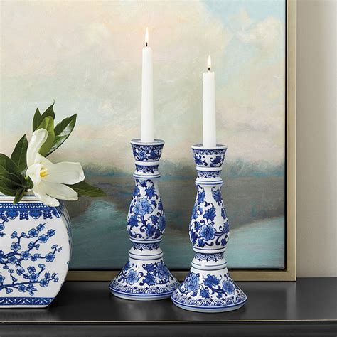 Blue And White Candle Holder Set