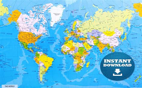 Digital Modern Bright Blue Oceans Political World Map Printable
