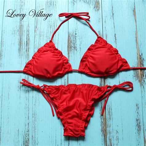 Lovey Village 2017 Brazilian Bikini Red Swimwear Swimsuit Women Leaf
