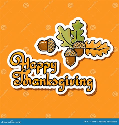 Cartoon Acorn Oak Leaves Handwritten Words Happy Thanksgiving