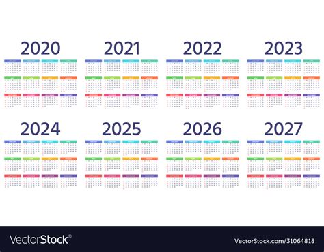 Calendar 2021 2022 2023 2024 2025 2026 2027 2020 Vector Image