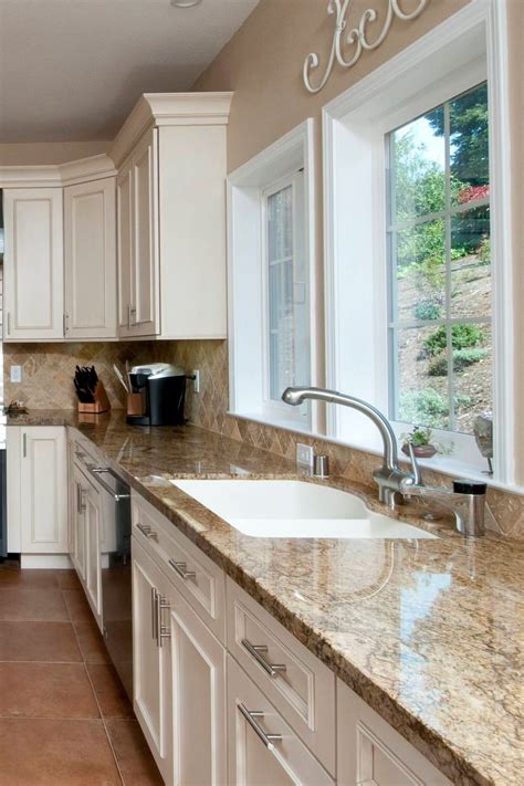 White Cabinets White Countertops Brown Granite Countertops Beige