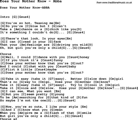 song does your mother know by abba song lyric for vocal performance plus accompaniment chords