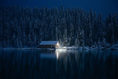 Photography Nature Cabin Winter Forest Lake Snow Lights Pine Trees Cold Landscape