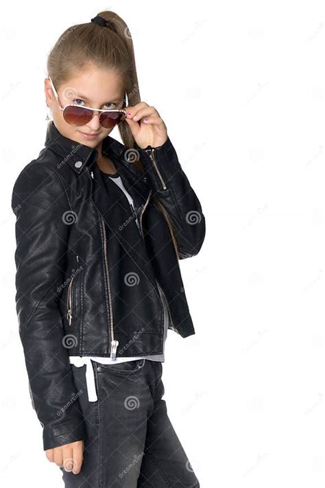 A Teenage Girl In A Leather Jacket And Glasses Stock Photo Image Of