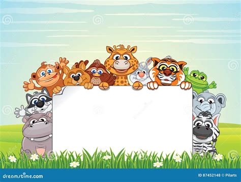 Cute Animals On Nature Vector Cartoon Background Stock Vector