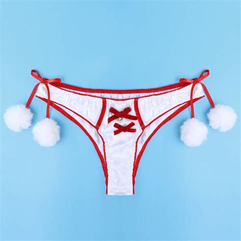 Novelty Sexy Womens Christmas Sexy Satin Panties Bell Side Fuzzy Ball