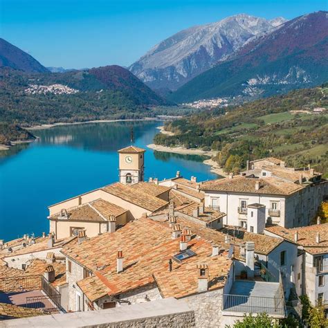 Panoramic Rooftop View Of Barrea And Its Lake Abruzzo Italy Lago