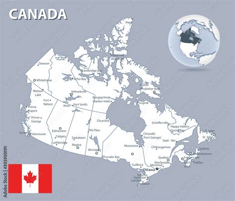 Detailed Map Of Canada With The Flag Of The Country And Location On The