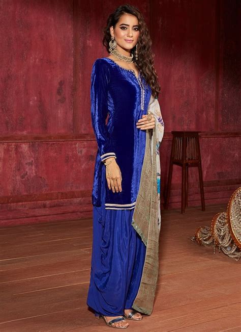 Blue Velvet Punjabi Suit With Brocade Dupatta Lashkaraa Punjabi