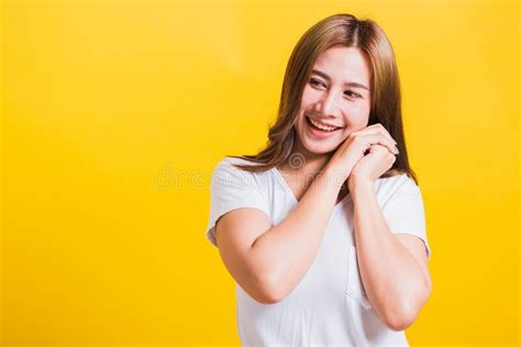 Woman Smiling Screaming Excited Keeps Hands Together Near The Face