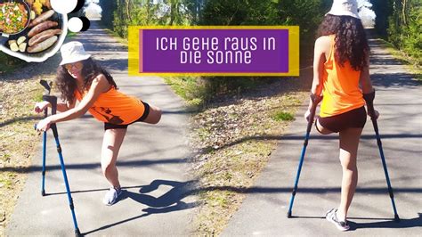 Amputee Girl Takes A Walk With Crutches On A Sunny Day Amputierte Frau
