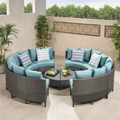 hampton outdoor 8 seater round wicker sectional sofa set with coffee tables gray and teal