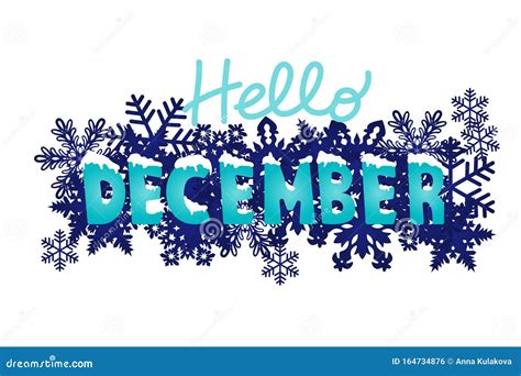 Hello December Winter Font With White Snow On Top And Snowflakes Around