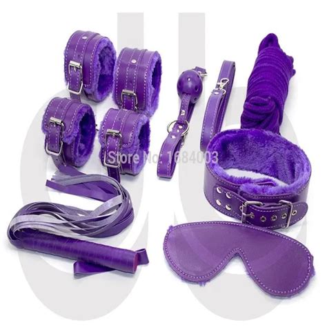 Purple Fur Faux Leather Bdsm Bondage Set Kit Blindfold Collar Ball Gag