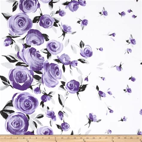 Seamless pattern of blue and purple wild floral watercolor. Stretch Poplin Floral Border Purple/Black/White from ...