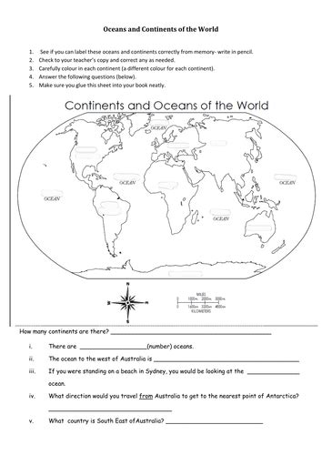 oceans  continents worksheet teaching resources