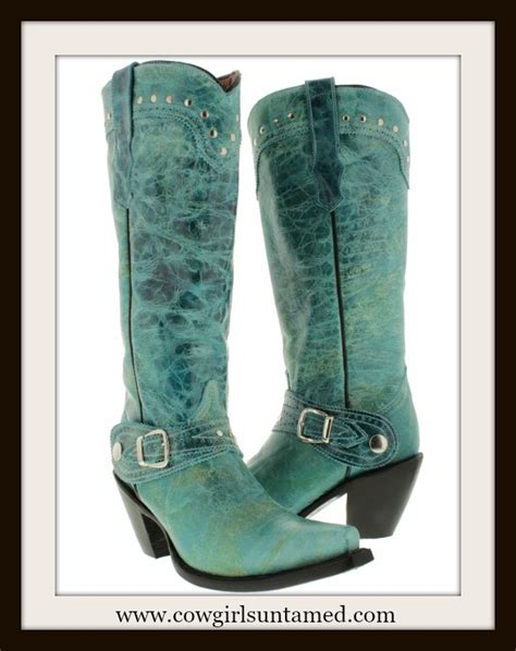 Cowgirl Style Silver Studded Accent Buckle Tall Distressed Aqua Genuine