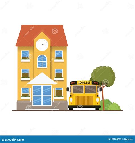 School Building Of Primary With Bus In Landscape Stock Vector