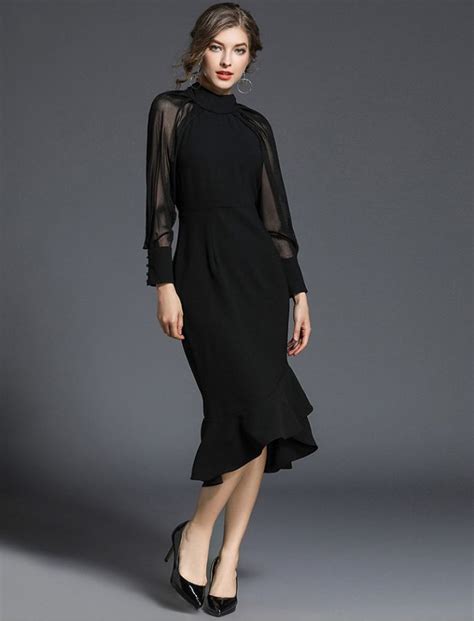 Sheer Long Sleeves Little Black Dress Lace Dress Design Designer Outfits Woman Dresses
