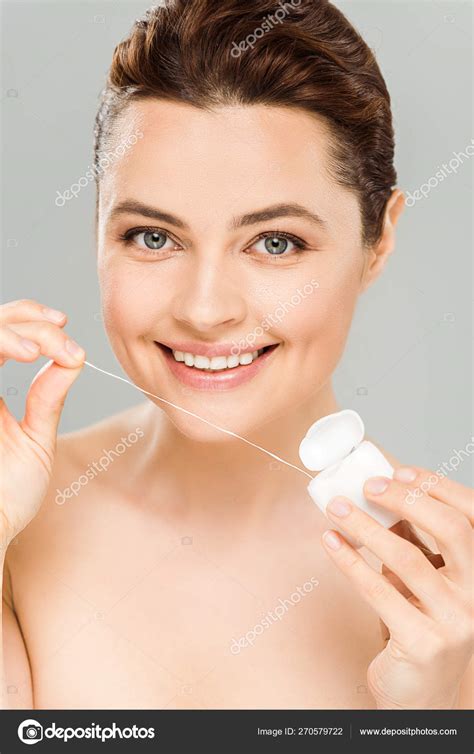 Happy Naked Woman Holding Dental Floss Smiling Isolated Grey Stock