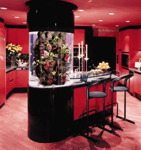 If you love animals, nature and water, you would love to make a diy fish tank for decorating your living room, kitchen or dining room. red-kitchen-aquarium-table | HomeMydesign