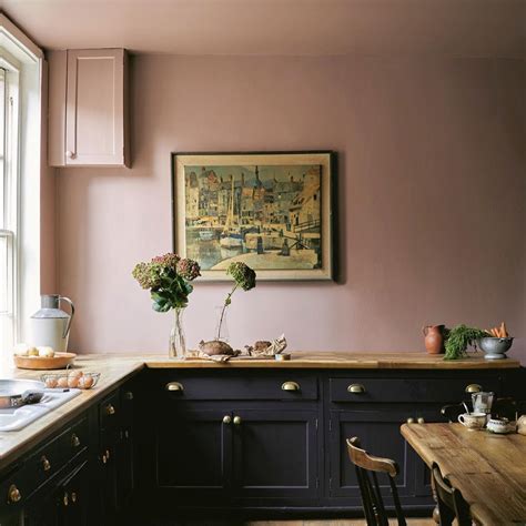 Farrow Ball Sulking Room Pink Wall Paeon Black Cabinets Kitchen