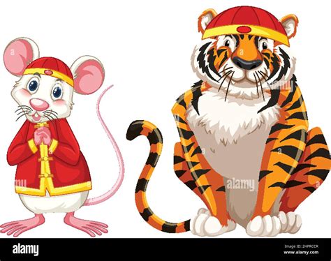 White Rat And Tiger Wearing Chinese Hat Illustration Stock Vector Image