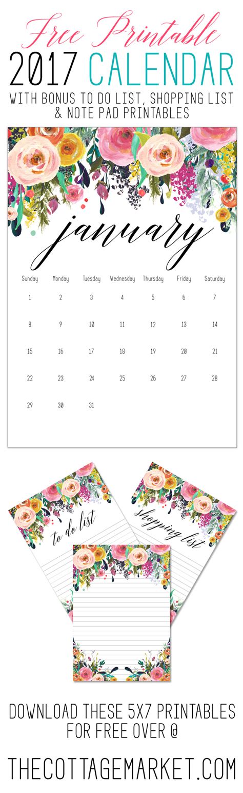 Free Printable 2017 Floral 5x7 Calendar The Cottage Market
